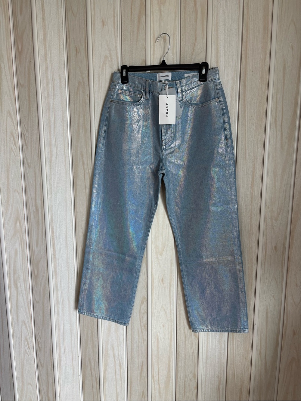 Frame Denim Metallic Holographic Straight-Leg Jeans - Silver Blue Sheen